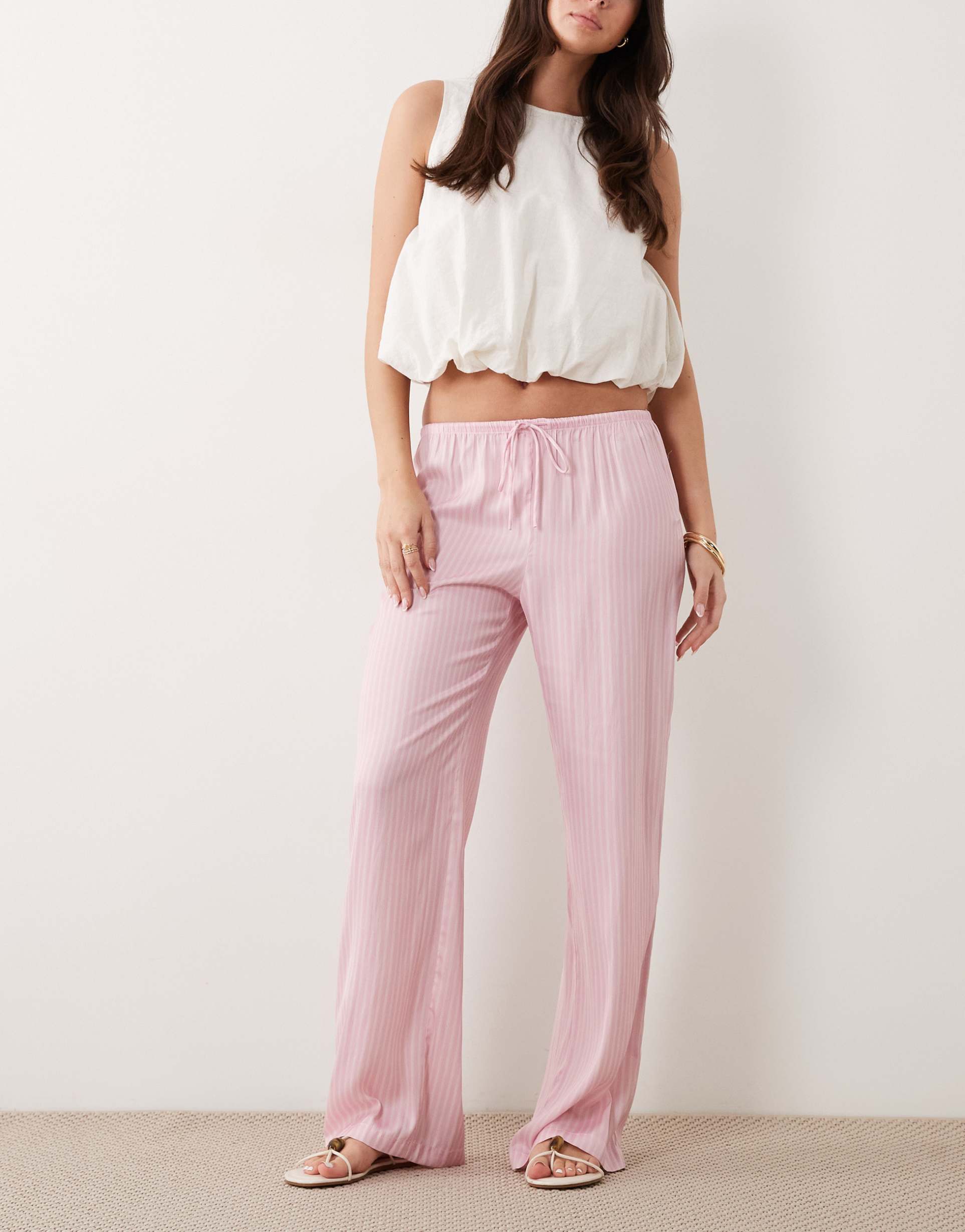 cotton on sleep washed satin wide leg pants in pink stripes