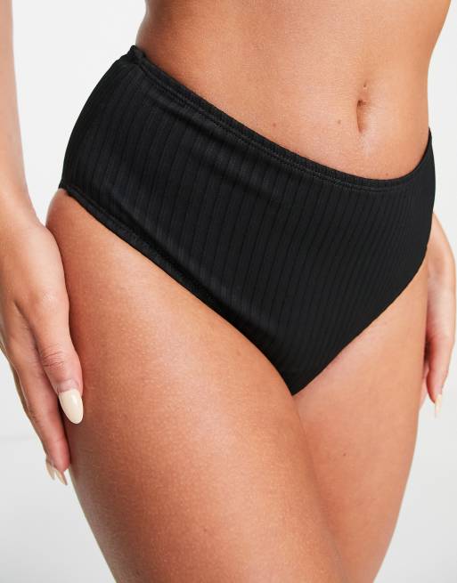 Cotton On - Slip bikini a vita alta a coste, colore nero in coordinato