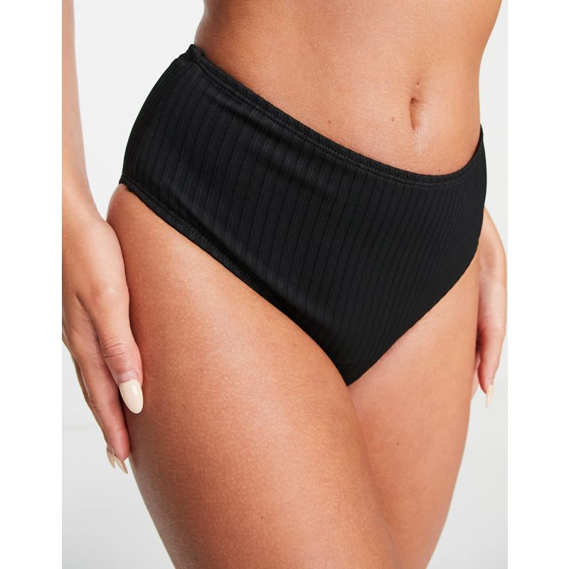 Cotton On - Slip bikini a vita alta a coste, colore nero in coordinato