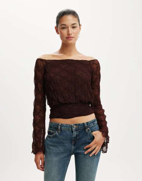 Cotton On Sofia lace long sleeve top in brown