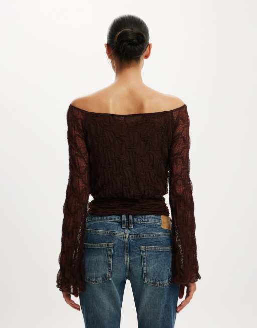 Cotton On Sofia lace long sleeve top in brown, 4 of 4