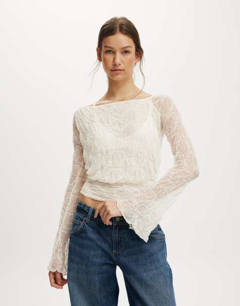 Cotton On Sofia lace long sleeve top in off-white