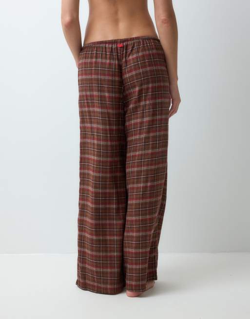 Cotton On soft wide leg flannel pant in brown check , 3 of 4