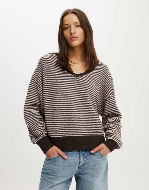 Cotton On Softest luxe  slouchy v knit in dark oak blossom stripe, 2 of 4
