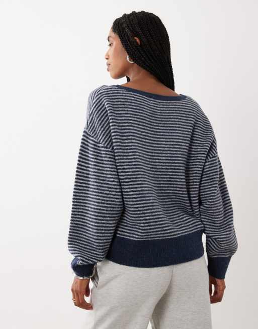 Cotton On softest luxe slouchy v-knit jumper in grey marle stripe, 4 of 4