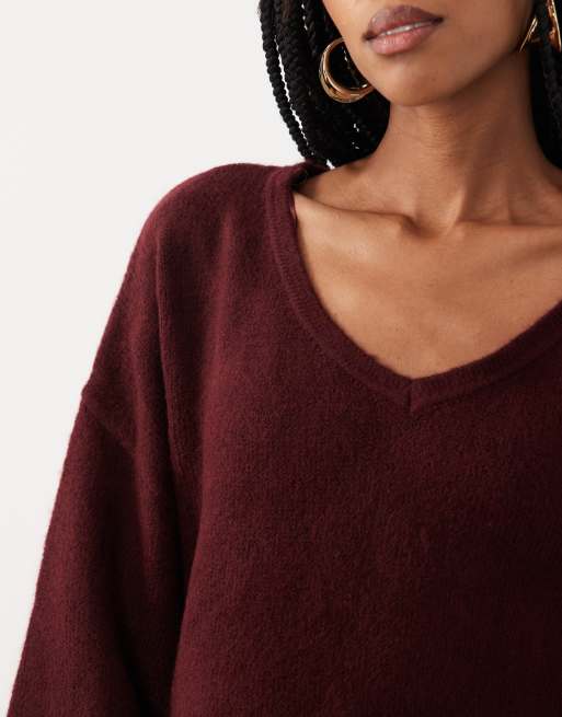 Cotton On softest luxe slouchy v knit jumper in sour cherry marle, 3 of 4