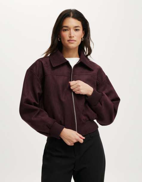 Cotton  On Sophie faux suede bomber in burgundy 