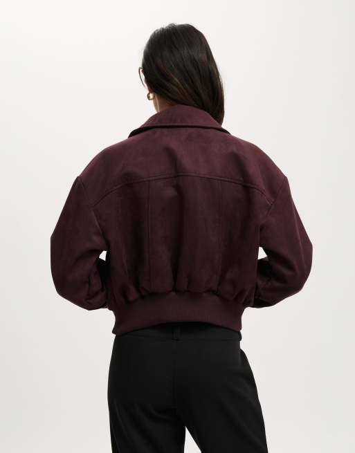 Cotton On Sophie faux suede bomber jacket in burgundy 