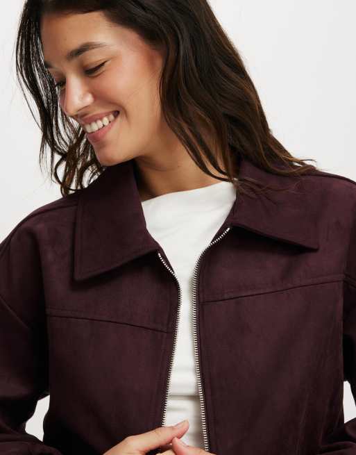 Cotton On Sophie faux suede bomber jacket in burgundy 