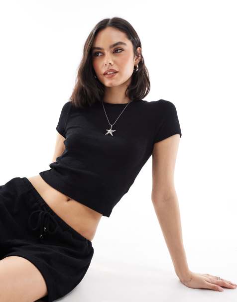 Cotton On - Sort cropped strand-T-shirt i let stof - view 1