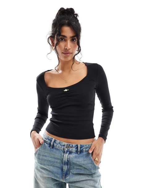 Cotton On - Sort croptop med firkantet hals og lange ærmer - view 1