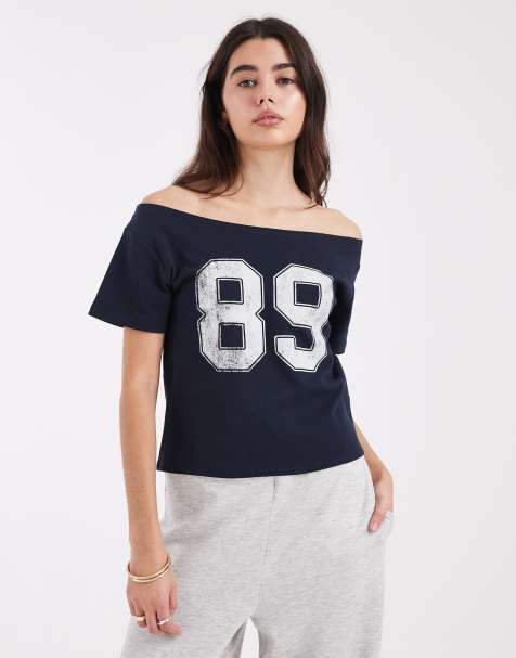 Cotton On sporty off the shoulder graphic tee in total eclipse - view 1