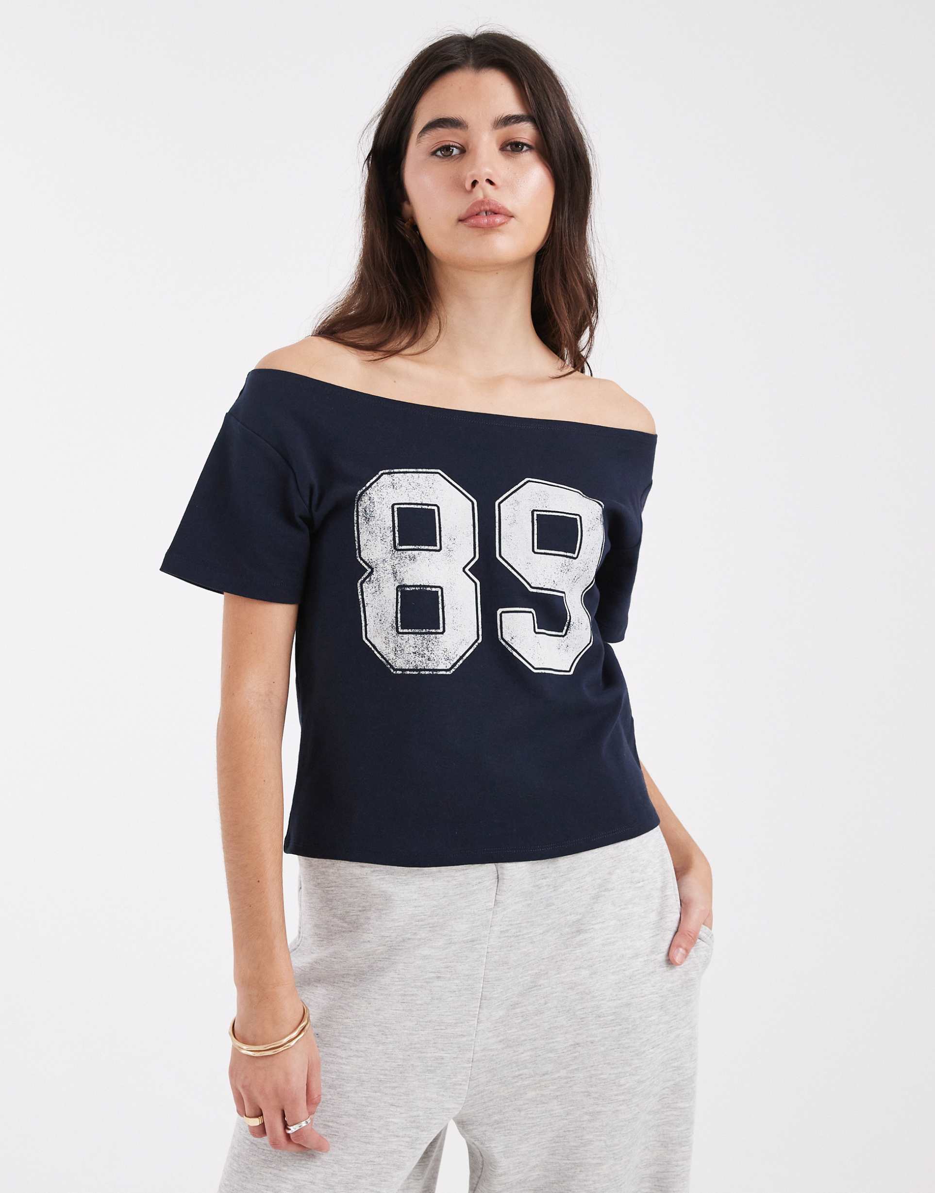 cotton on sporty off the shoulder graphic tee in total eclipse