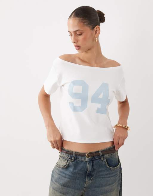 Cotton On sporty off the shoulder graphic tee in vintage white, 1 of 4