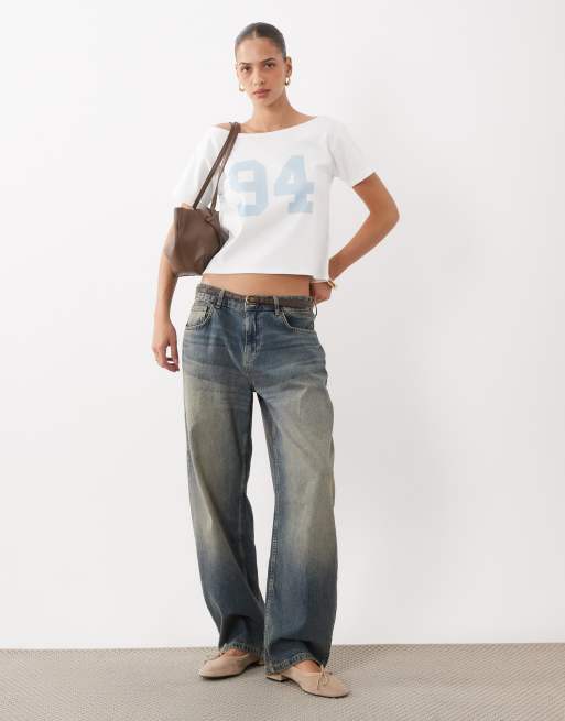 Cotton On sporty off the shoulder graphic tee in vintage white, 2 of 4