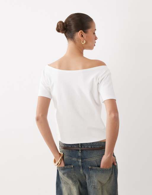 Cotton On sporty off the shoulder graphic tee in vintage white, 4 of 4