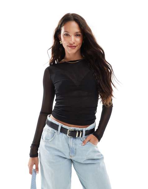 Cotton On Sshley mesh long sleeve top in black - view 1
