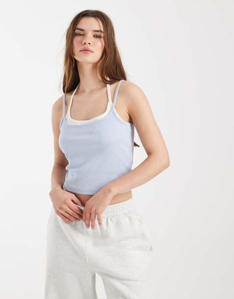 Cotton On – Stålblått, tvättat linne i två lager med smala axelband - view 1