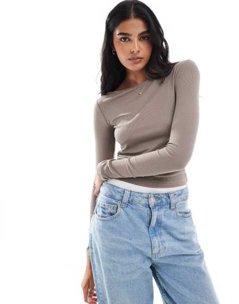 Cotton On staple rib boat neck long sleeve top in mocha - view 1