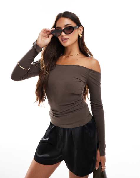 Cotton On staple rib ruched off the shoulder top in espresso - view 1
