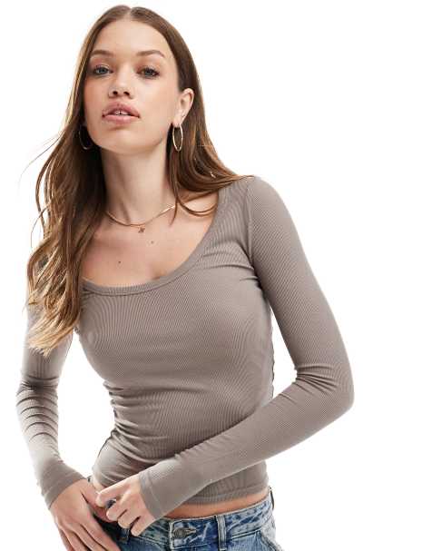 Cotton On staple rib scoop neck long sleeve top in brown - view 1