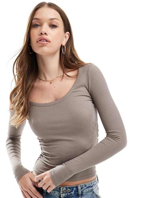 Cotton On staple rib scoop neck long sleeve top in brown
