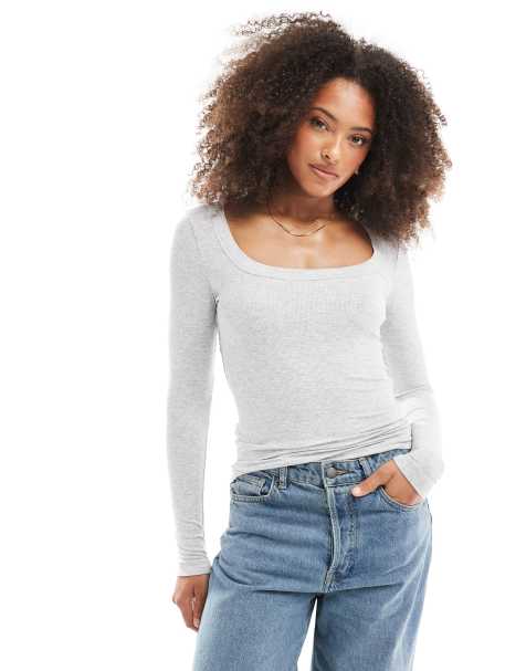 Cotton On staple rib scoop neck long sleeve top in grey marle - view 1