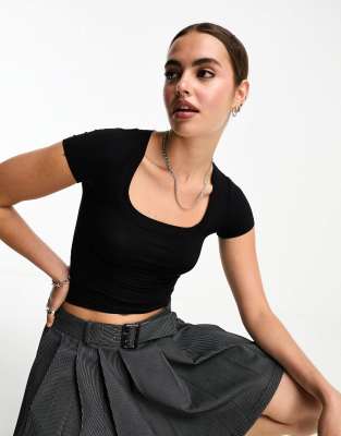 Cotton:On Cotton On staple rib scoop neck short sleeve top in black