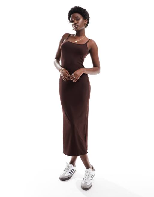 Cotton On staple ribbed 90s cami slip midi dress in dark brown