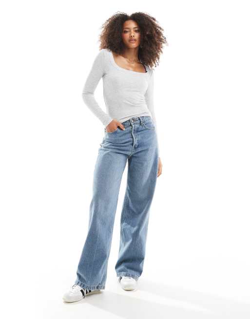 Cotton On Staple ribbed scoop neck long sleeve top in heather gray