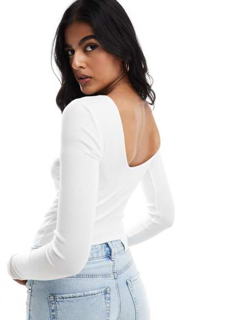 Cotton On - Staple - Ribstrikket bodystocking med åben ryg i hvid, 3 af 4