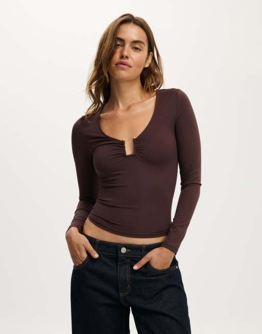 Cotton On Steffi trim long sleeve top in brown