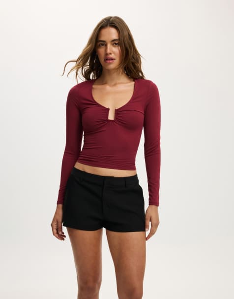 Cotton On Steffi trim long sleeve top in burgundy - view 1