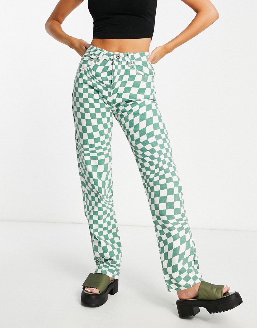 Cotton On straight leg jeans in green checkerboard