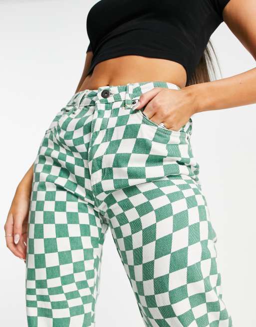 Cotton On straight leg jeans in green checkerboard