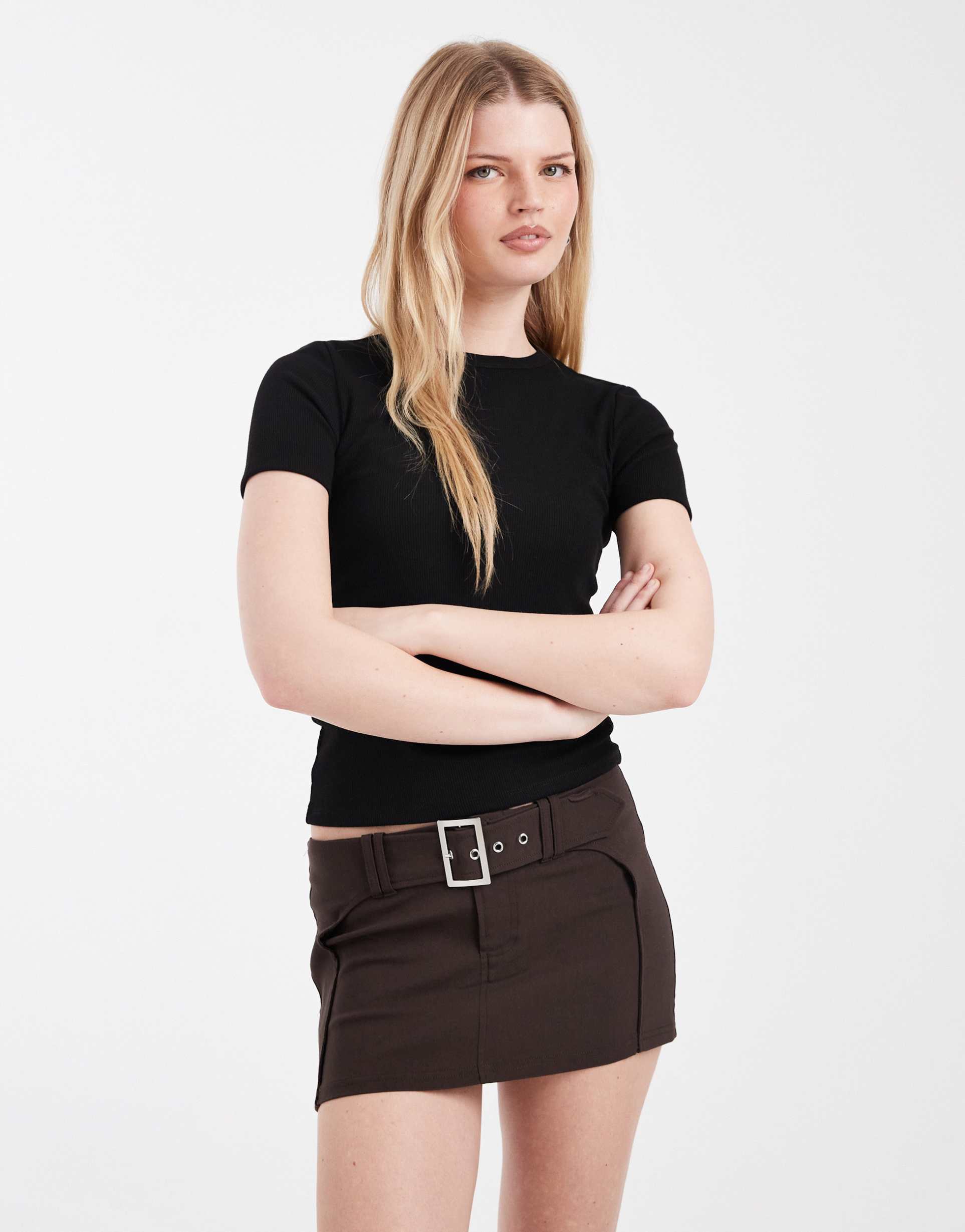 cotton on stretch belted micro mini skirt in dark oak