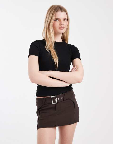 Cotton On stretch belted micro mini skirt in dark oak