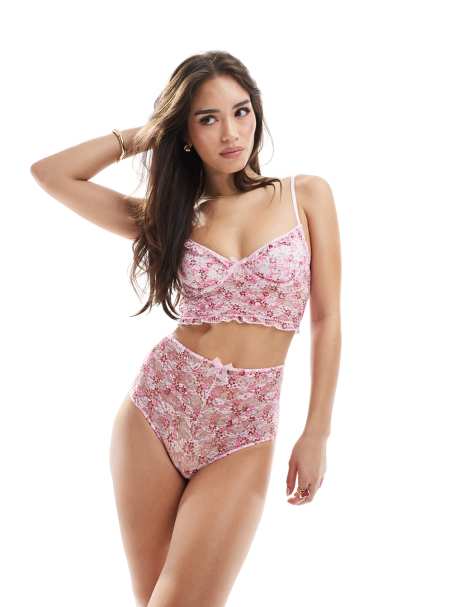 Cotton On stretch lace scoop longline bralet in garden floral fairytale - view 1