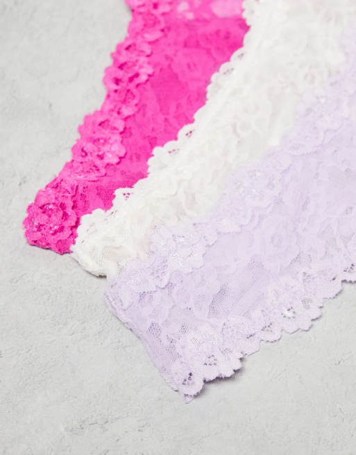 Cotton On stretch lace thong 3 pack in lilac pink cream , 2 of 4