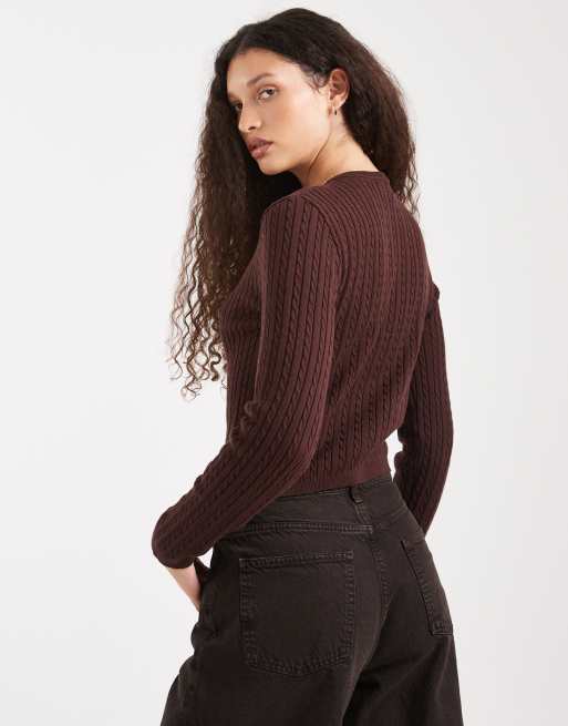 Cotton On – Strickjacke aus Baumwolle in dunklem Eichenbraun mit Rundhalsausschnitt, 3 von 4