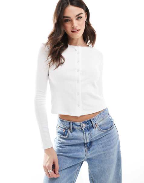 Cotton On – Strickjacke aus weißem Pointelle-Jersey mit Knopfleiste - view 1