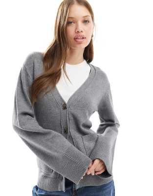 Cotton On - Strickjacke in Anthrazit meliert mit V-Ausschnitt und Taschen-Grau