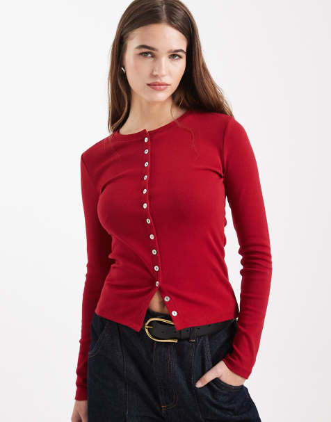 Cotton On – Strickjacke in Juwelenrot mit Knopfleiste - view 1