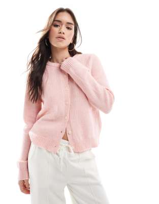 Cotton On - Strickjacke in Rosé mit Rundhalsausschnitt, Stickerei und Knopfleiste-Rosa