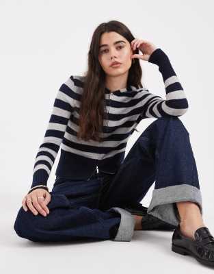Cotton On - Strickpullover in Marineblau und Grau gestreift mit Kapuze und Reißverschluss-Brown