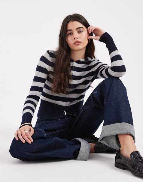 Cotton On – Strickpullover in Marineblau und Grau gestreift mit Kapuze und Reißverschluss - view 1