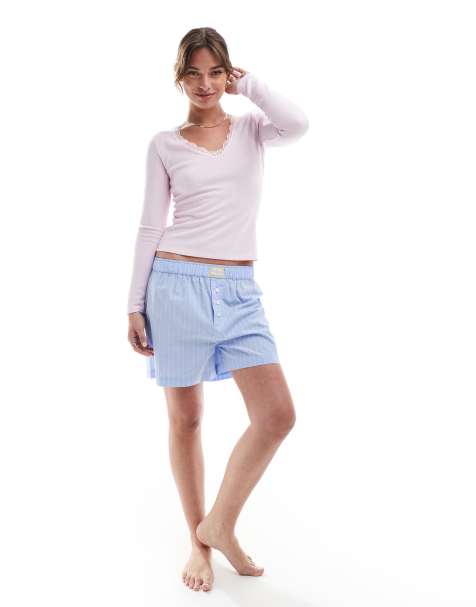 Cotton On striped boyfriend boxer sleep shorts in blue - view 1