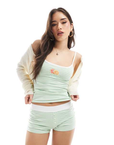 Cotton On striped jersey motif longline cami in green (part of a set) - view 1