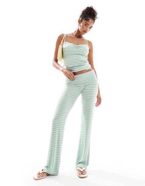 Cotton On striped sleep recovery roll-waist lounge trousers co-ord in green - view 1