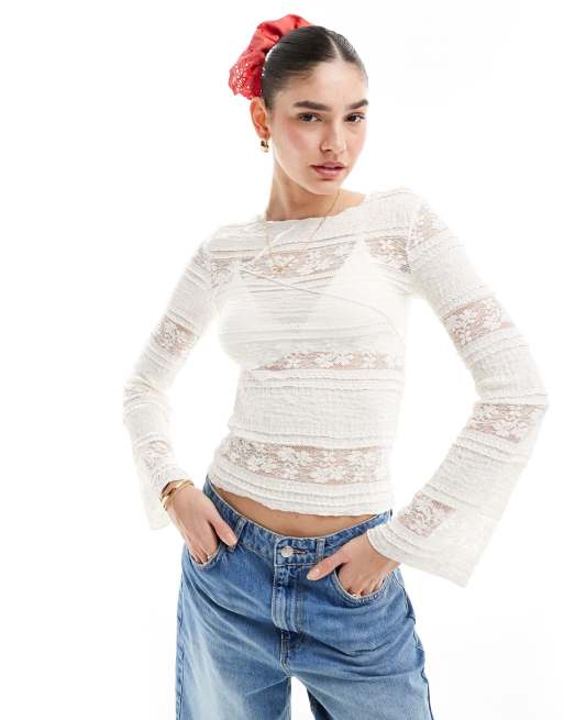 Cotton On – Strukturerad crop top med långa ärmar och näsduksfåll
